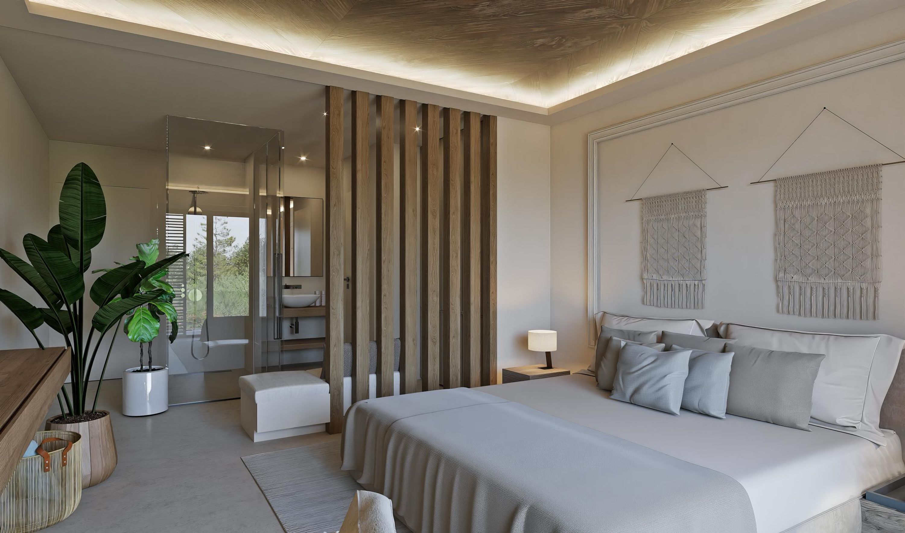 A modern bedroom with a large bed, bedside tables, a mirror, and a view of the outside.