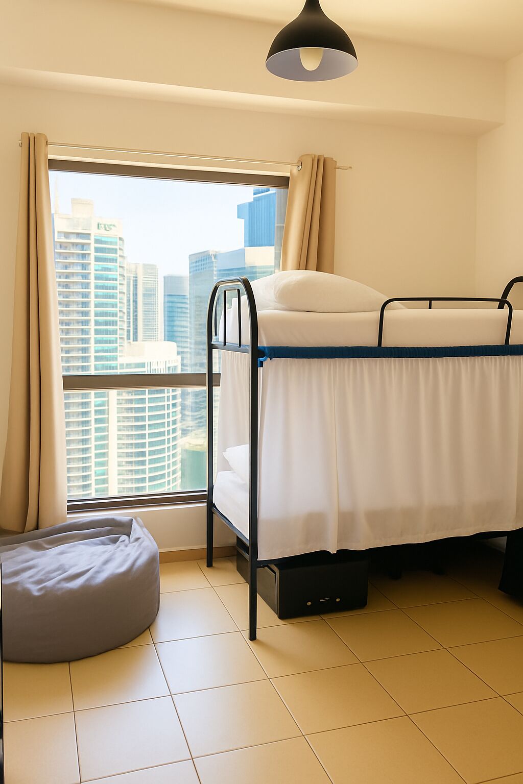 Ein Stockbett in einem Zimmer mit Blick auf die Stadt, ein Fenster mit Vorhängen und ein Sitzsack.