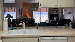 A compact kitchen with a sink, cabinets, and a dishwasher. There is a window providing natural light and a view of the outside. - Charming 2-bedroom condo in serene Lake Suzy with WiFi, AC (Lake Suzy)