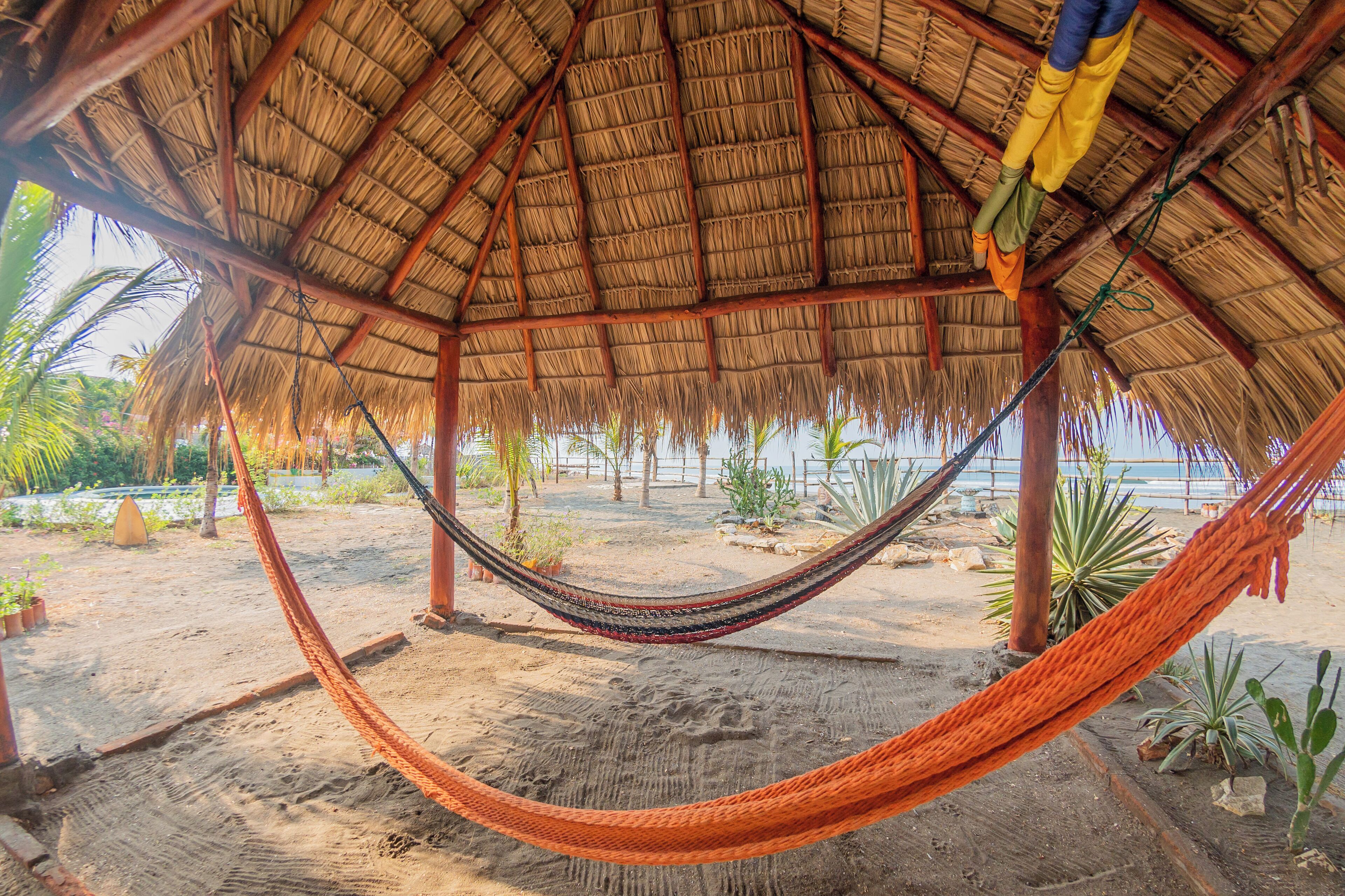 A hammock under a thatched roof structure on a sandy beach with palm trees and cacti in the background.