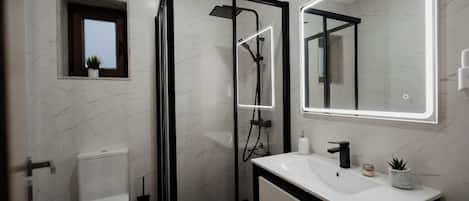 Hair dryer, towels, shampoo, toilet paper