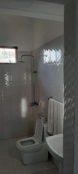 Hair dryer, towels, soap, toilet paper