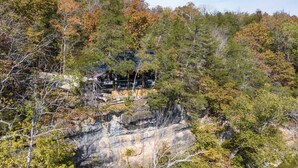 A natural landscape with a rocky cliff and dense foliage.
