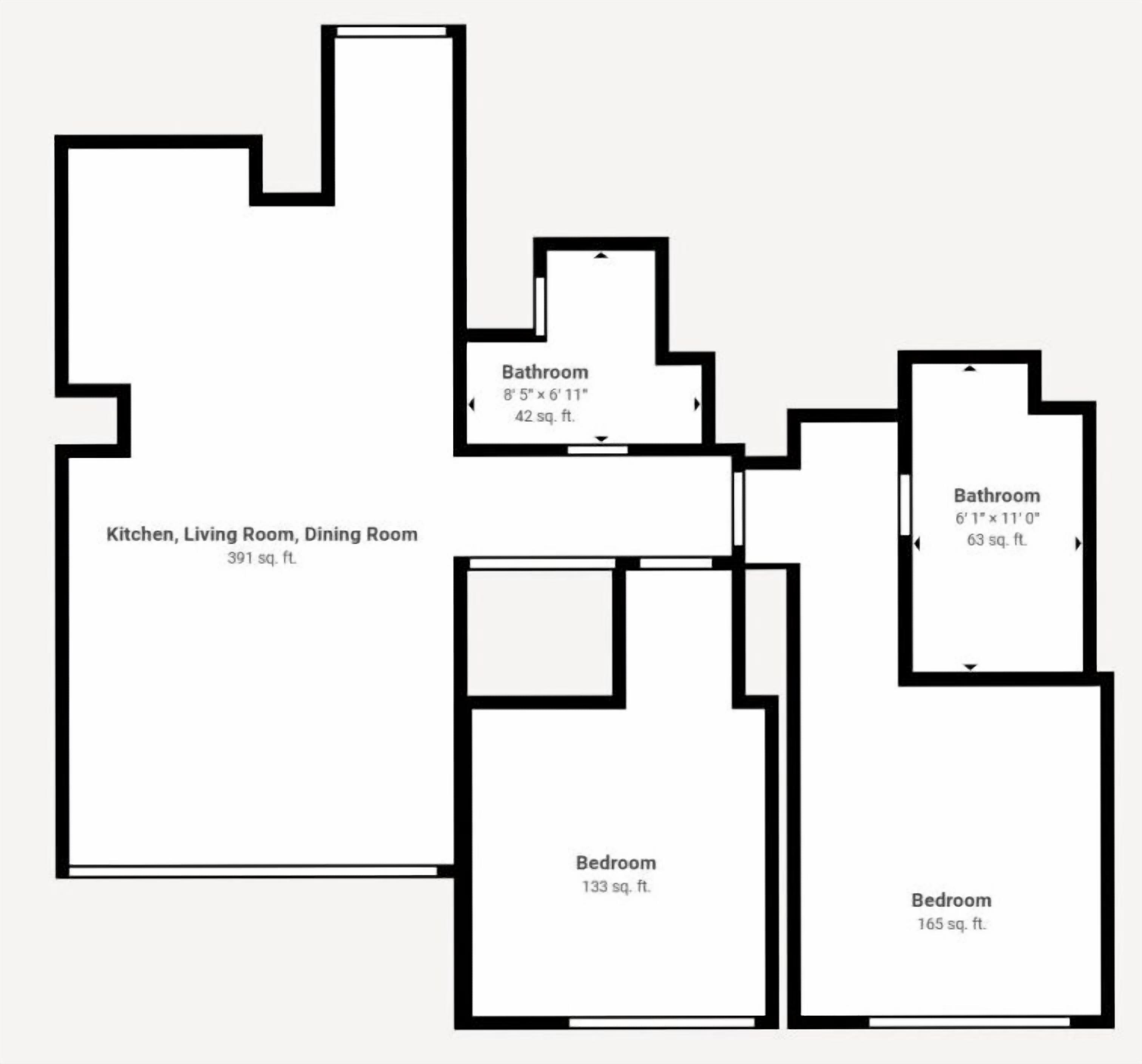 Un plan d’étage comprenant trois chambres, deux salles de bain, une cuisine, un salon et une salle à manger, pour une superficie totale de 391 pieds carrés.