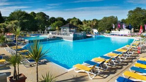 A large outdoor swimming pool with multiple lanes, surrounded by lounge chairs and palm trees. - ZEcamping 4* piscine couverte toboggans pet friendly locatif 28m2 (Névez)