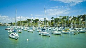Un puerto deportivo con numerosos veleros amarrados.
