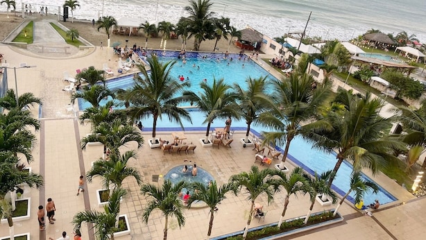 Una piscina grande rodeada de palmeras y sillas de descanso, con vista al océano.
