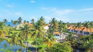 A resort with a pool, palm trees, and a view of the ocean.