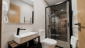 Douche, serviettes fournies, papier toilette