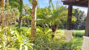 A patio area with wicker furniture and a glass table, surrounded by lush greenery and palm trees. - Orchid Villa (Río Grande)