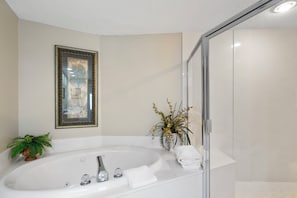 Shower, jetted tub, hair dryer, towels