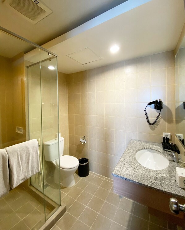 A modern bathroom with a glass shower enclosure, a toilet, a sink with a granite countertop, and a hairdryer mounted on the wall. - Badamdar Ist Hotel (Baku)