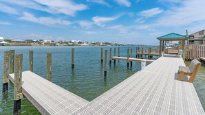 A wooden pier extending into calm water, with a bench and a gazebo on the right. - ⭐Wind Drift 702E | Gulf Front with Gorgeous Views | Walk to Beach⭐ (Orange Beach)