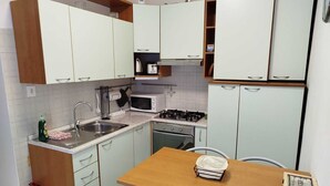 A compact kitchen with white cabinets, a stove, a microwave, and a sink. - Historic apartment on Avenue (Trieste)