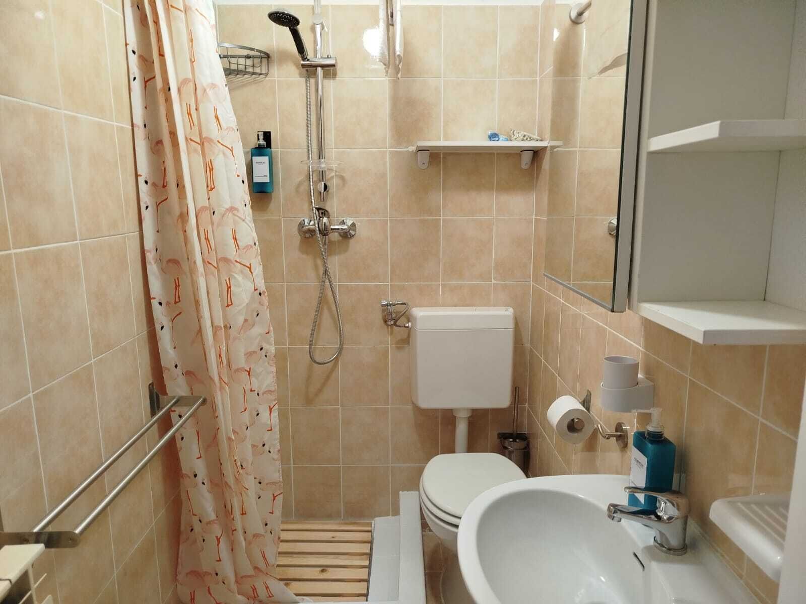 Une petite salle de bain avec une douche, des toilettes, un lavabo et un miroir.