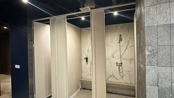 Shower, free toiletries, towels, soap