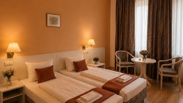 Une chambre d’hôtel avec deux lits, une petite table, une chaise et une fenêtre avec des rideaux.