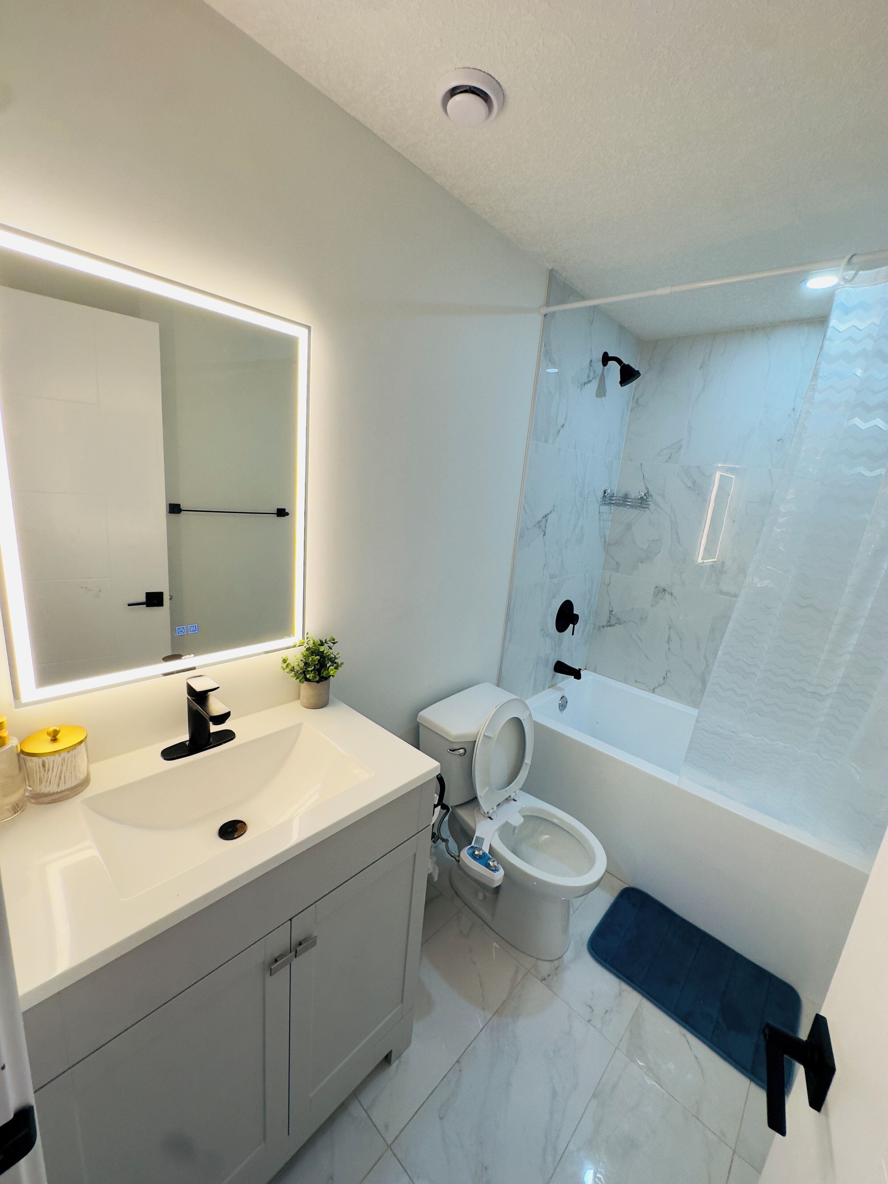Hair dryer, towels, soap, toilet paper