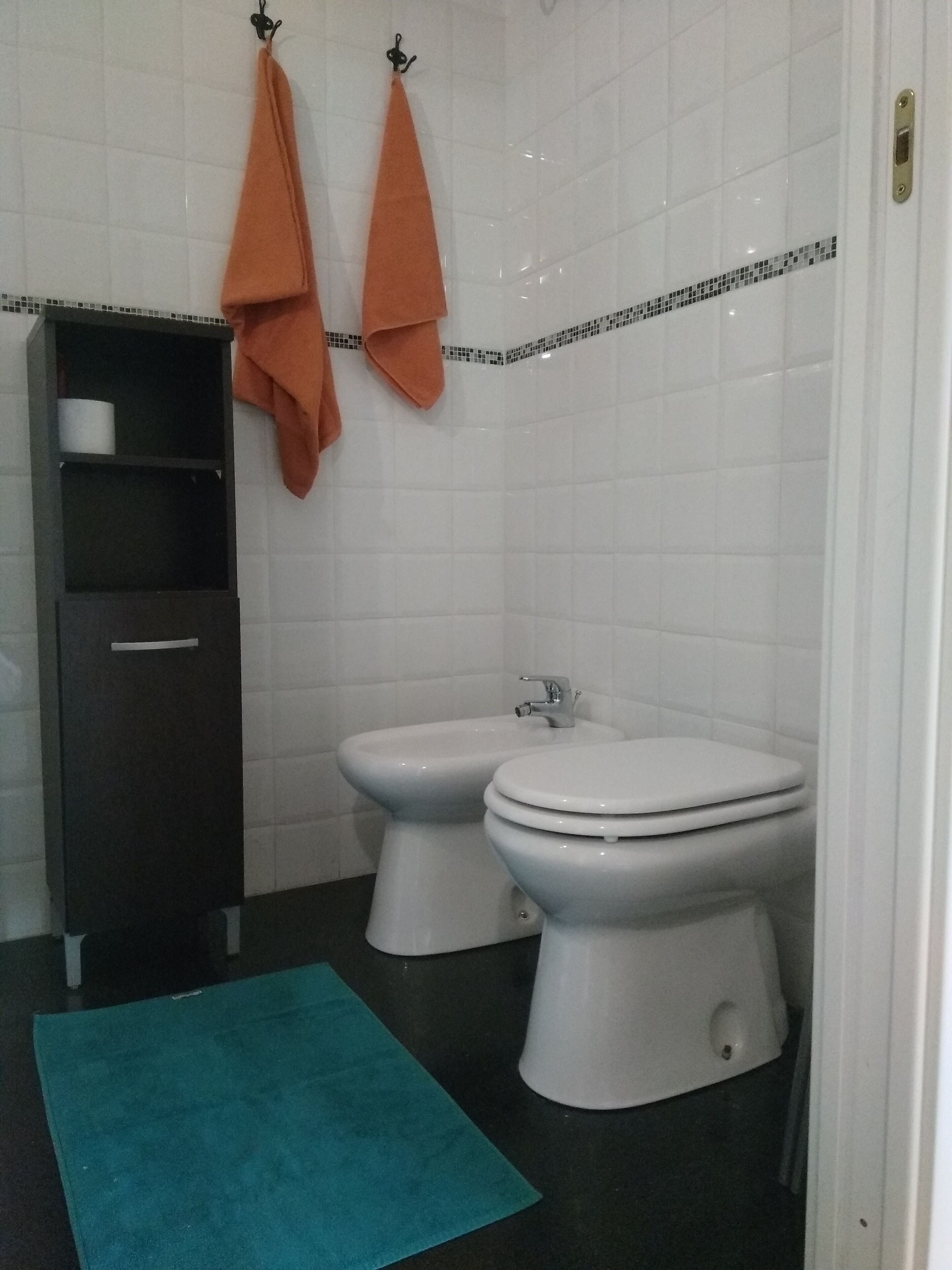 A bathroom with two toilets, a shelf with a toilet paper holder, and two towels hanging on hooks.