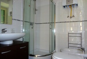 Hair dryer, bidet, soap, toilet paper