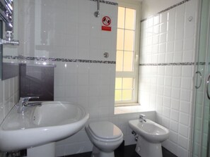Hair dryer, bidet, soap, toilet paper