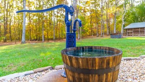 A rustic outdoor water feature with a wooden basin and a blue pump, surrounded by a grassy area and trees with autumn foliage.