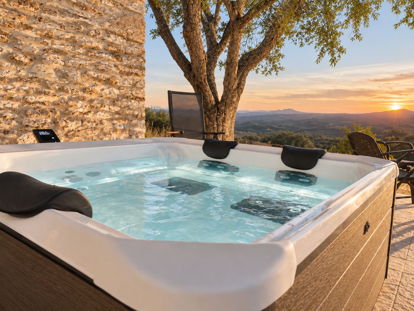 A hot tub with a digital thermometer, a tree, and a scenic view.
