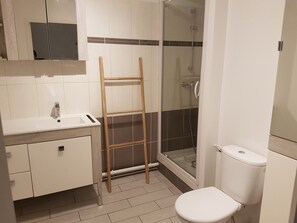 Shower, hair dryer, towels, toilet paper