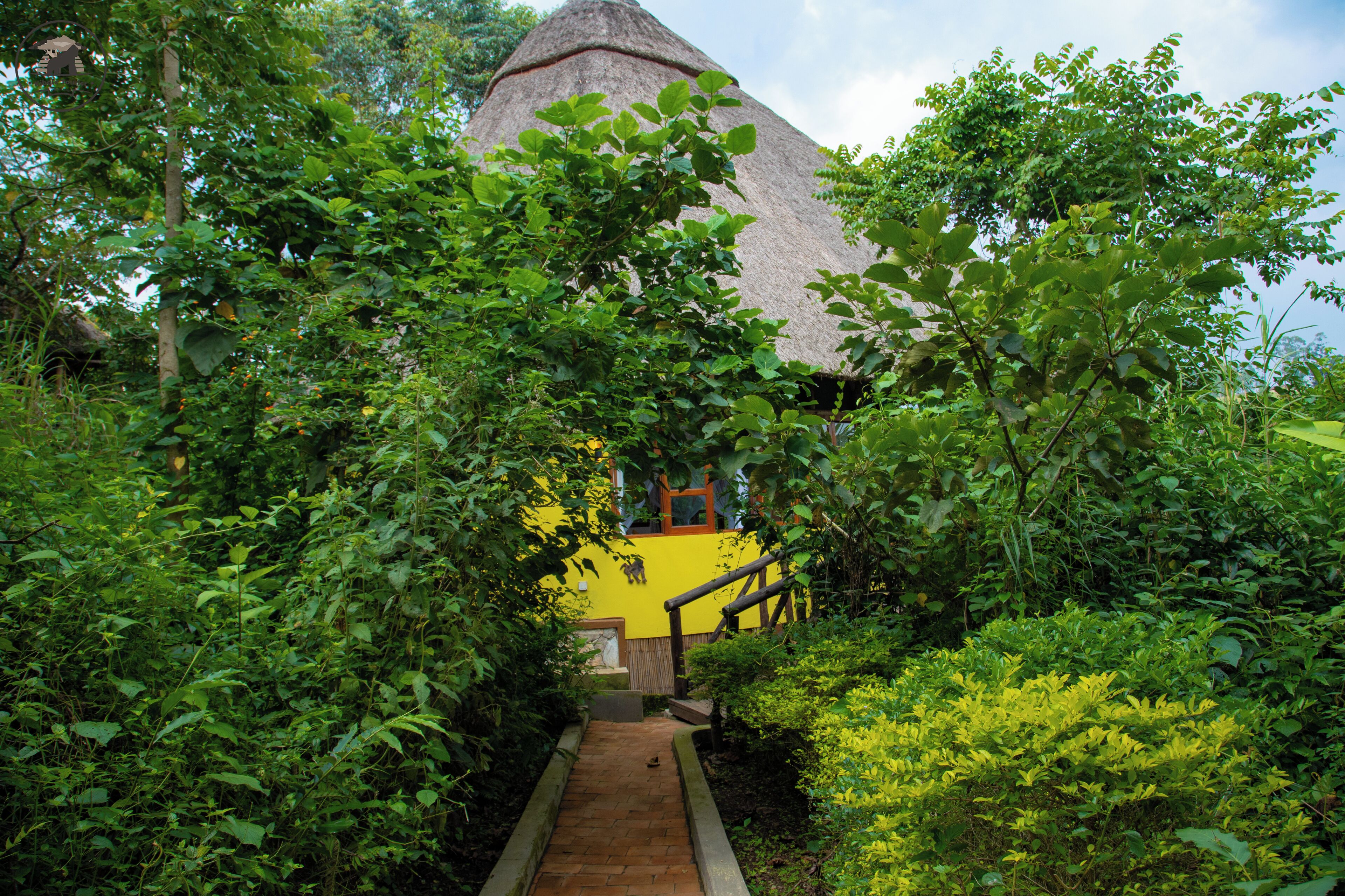 A pathway leading to a thatched-roof structure surrounded by lush greenery.