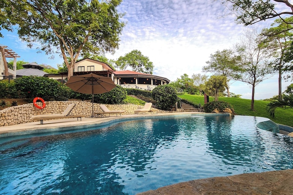 Outdoor pool, pool umbrellas, sun loungers