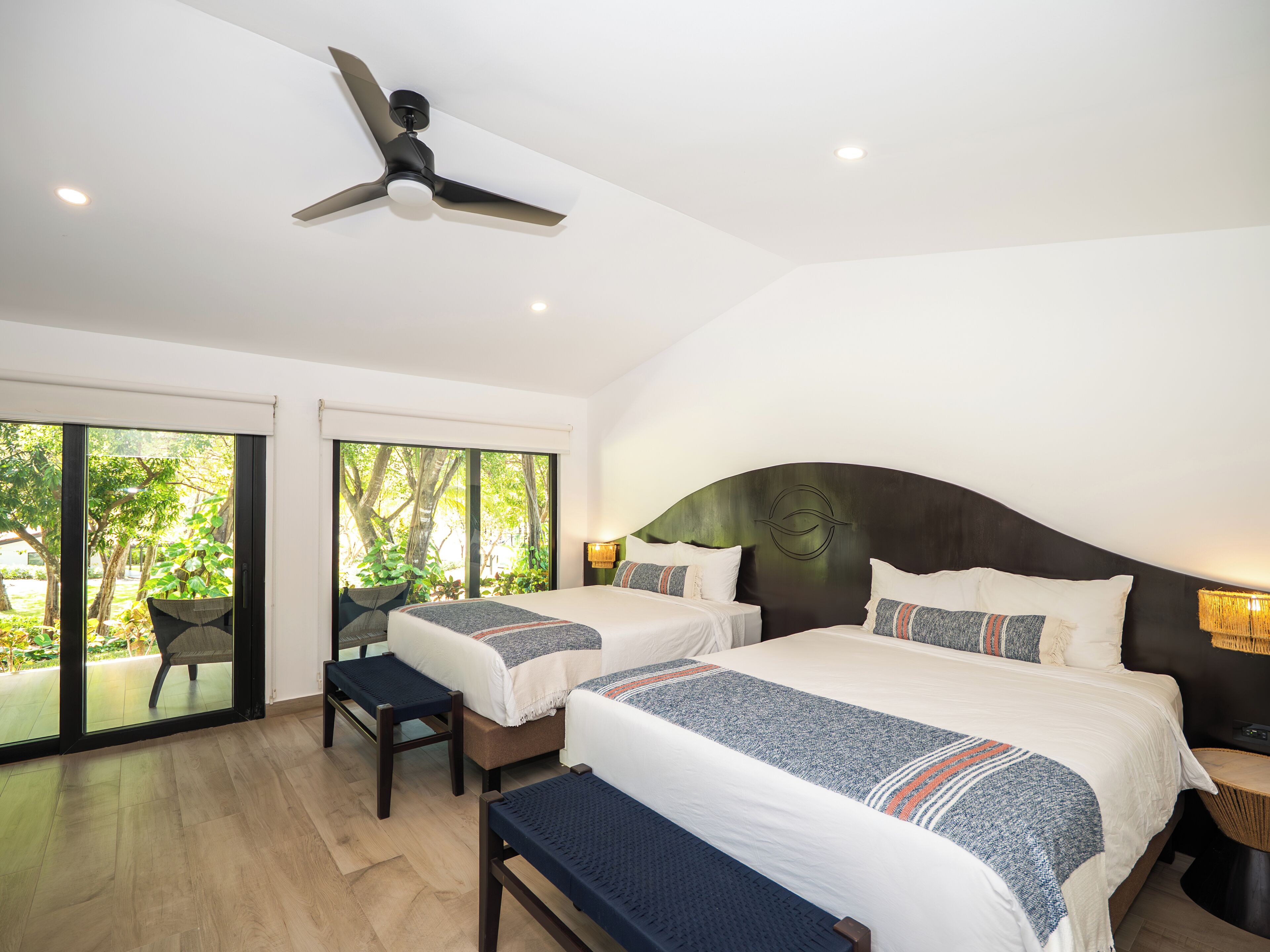 Double Room, 2 Queen Beds, Patio, Garden View | In-room safe, free WiFi, bed sheets