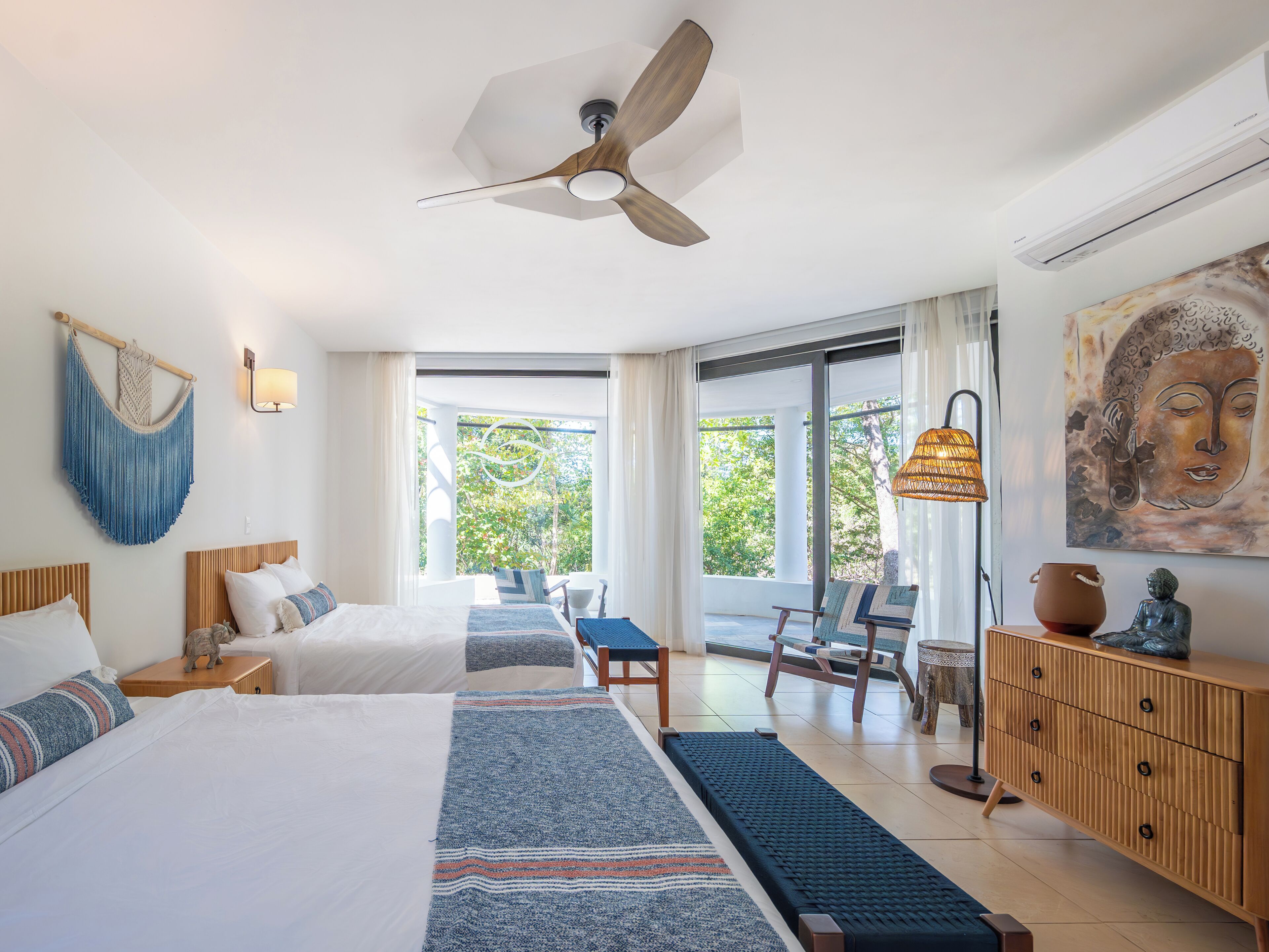 Double Room, 2 Queen Beds, Patio, Pool View | In-room safe, free WiFi, bed sheets