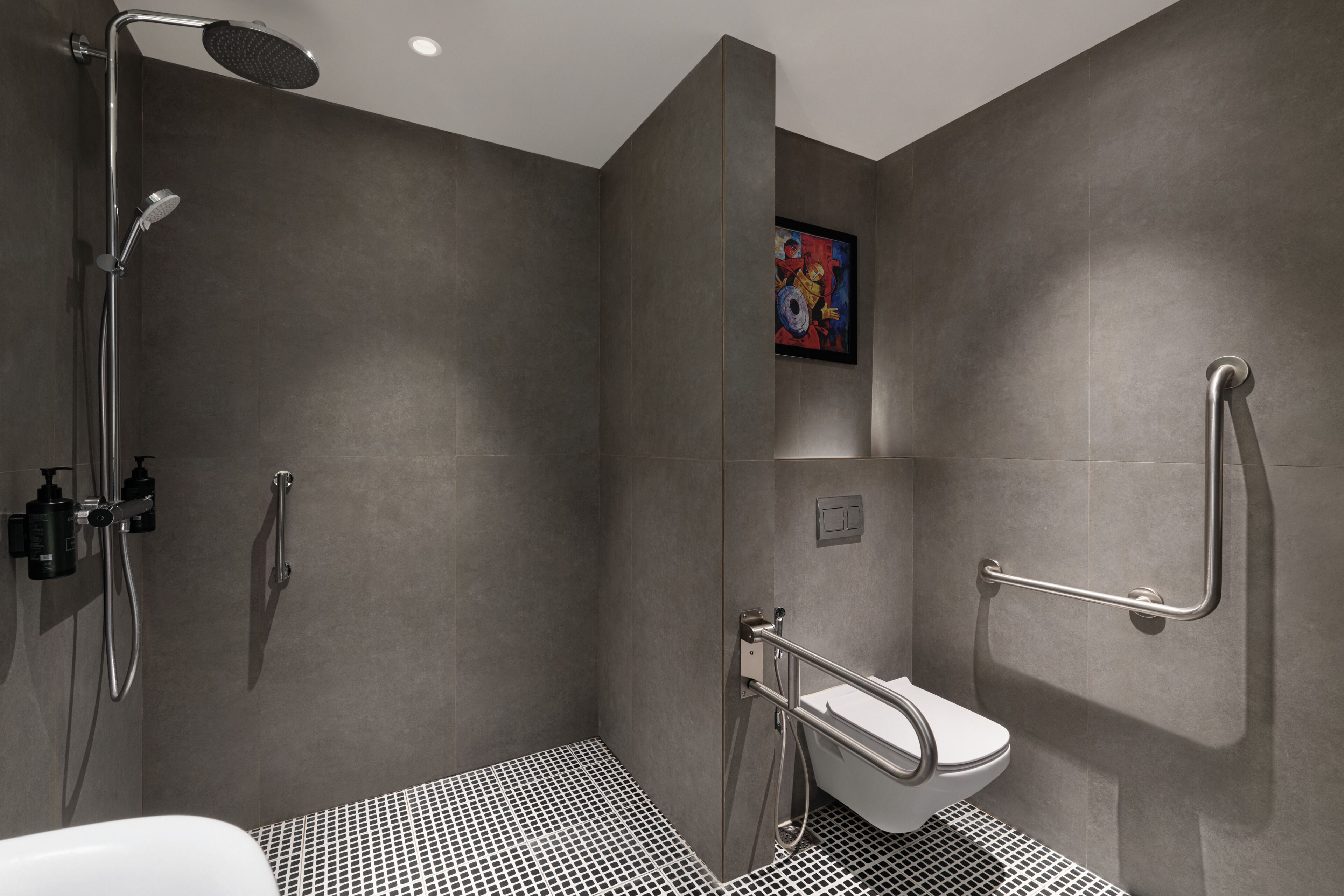 A modern bathroom with a shower, toilet, and handrails.