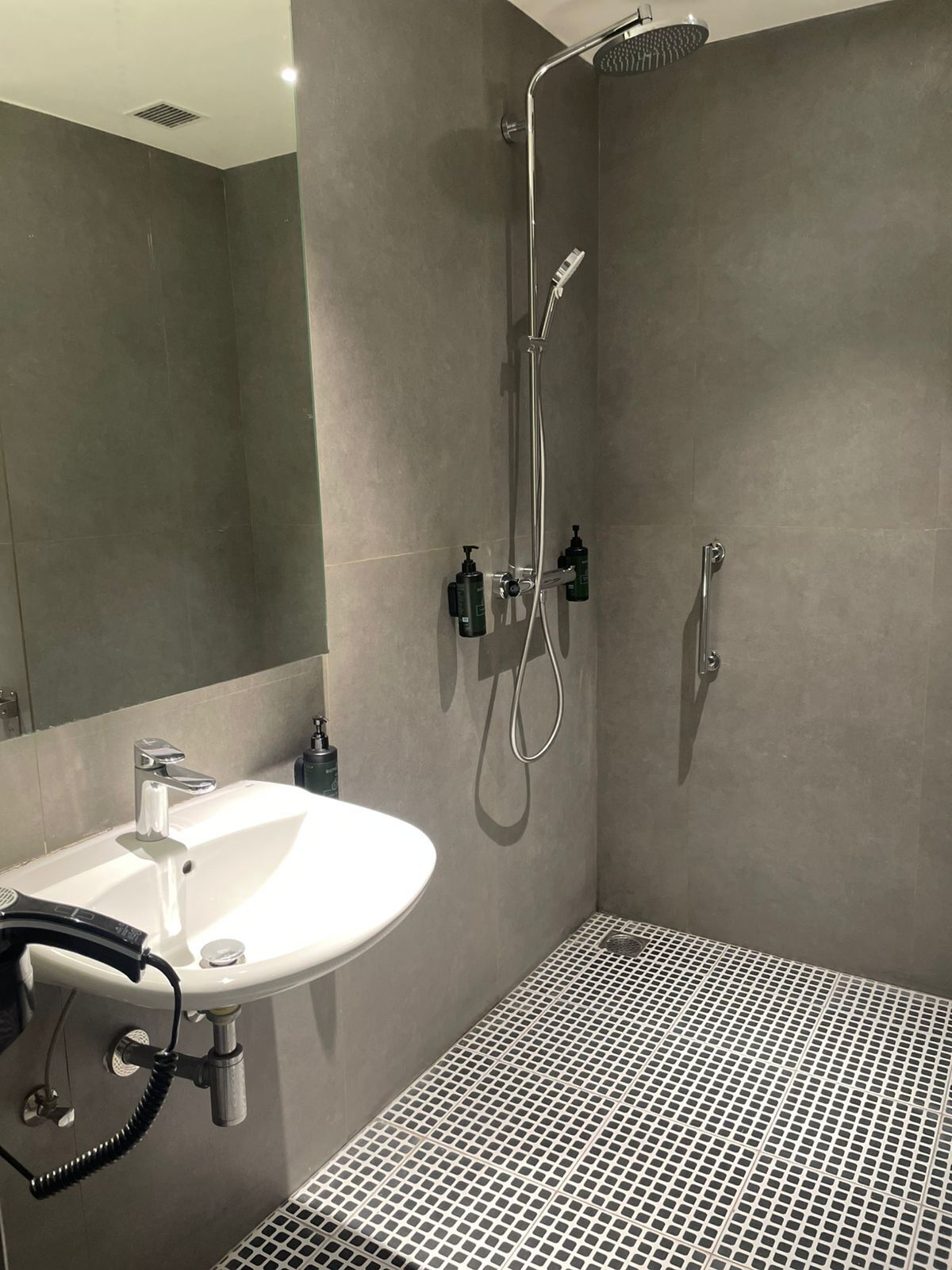 Un bagno moderno con un lavandino bianco, un soffione doccia a mano e un rubinetto montato a parete.