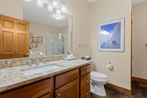 Shower, jetted tub, hair dryer, towels