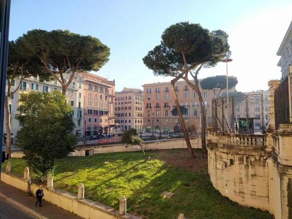A view of a city street with historic buildings, a grassy area, and trees.