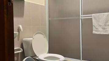 Hair dryer, towels, soap, toilet paper