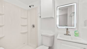 Shower, towels, shampoo, toilet paper