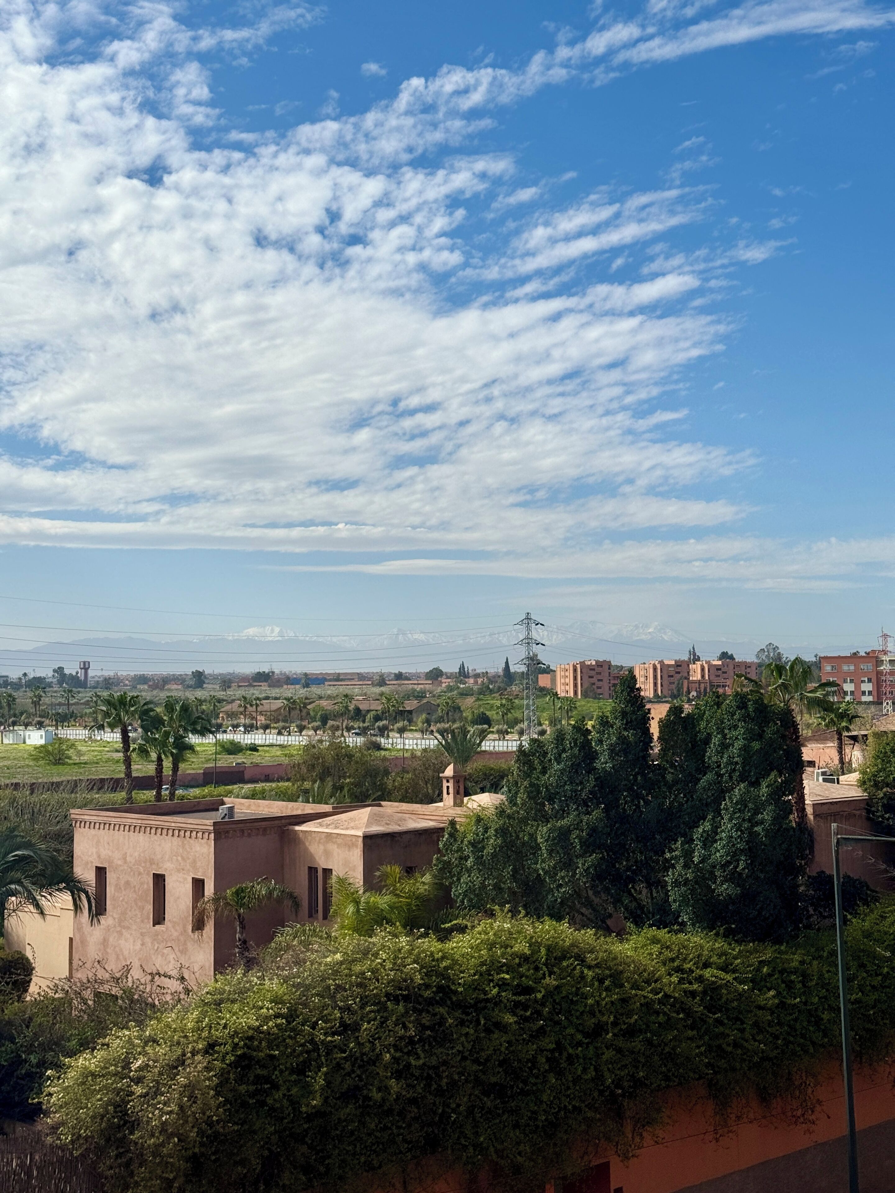 A residential area with buildings, greenery, and a clear sky.