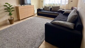 Ett vardagsrum med en soffa, en tv, en krukväxt och ett fönster med gardiner.