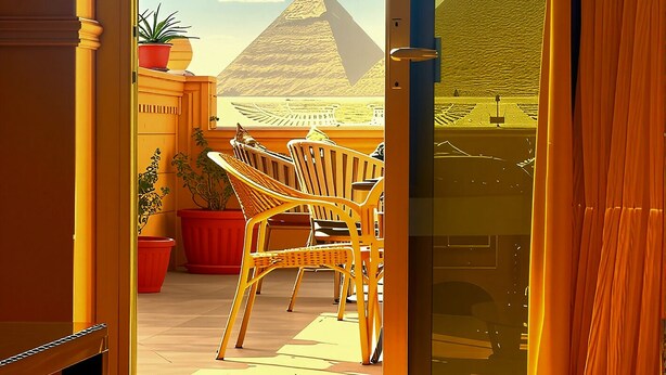 A room with a view of the pyramids, a balcony with chairs, and a sliding glass door. - Mirage Pyramids View  (Giza)