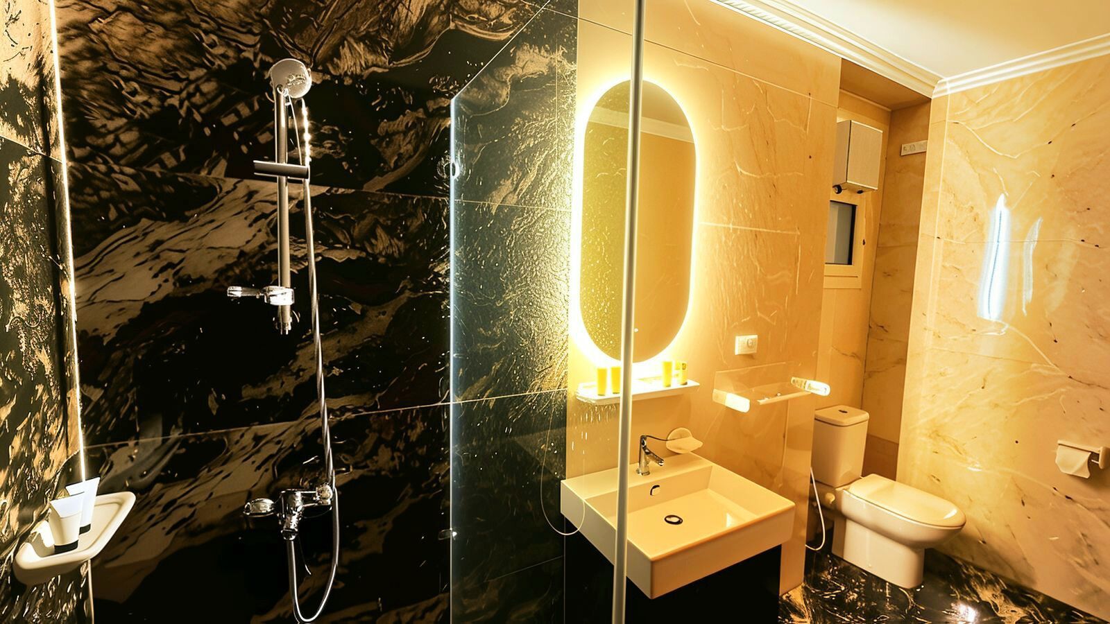 Sadesuihkupää, hiustenkuivaaja, pyyhkeet, saippua