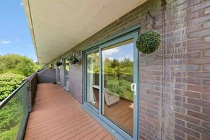 A balcony with a wooden floor, a glass door, and a hanging plant.