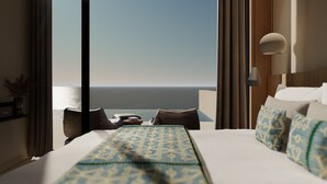 Habitación de hotel con una cama grande, vistas al océano y una lámpara moderna.