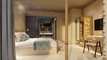 Una habitación de hotel moderna con una cama, mesita de noche, lámpara y un armario.