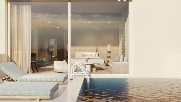A modern hotel room with a glass door leading to a balcony, a pool area, and a seating area with a table and chairs.