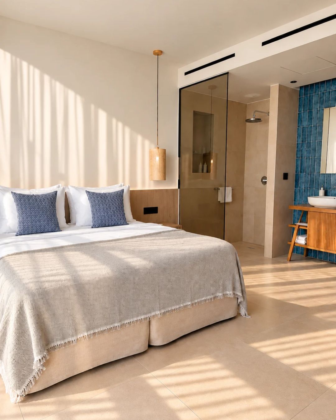 Un dormitorio moderno con una cama grande, un vestidor y un baño con pared de azulejos azules.