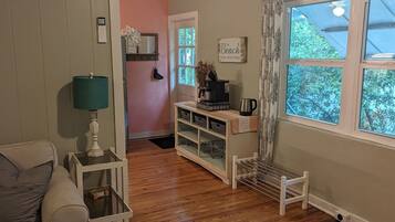 Smart TV, fireplace, books