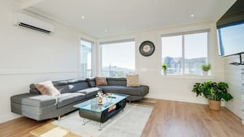 Een smart-tv, een open haard en een stereo