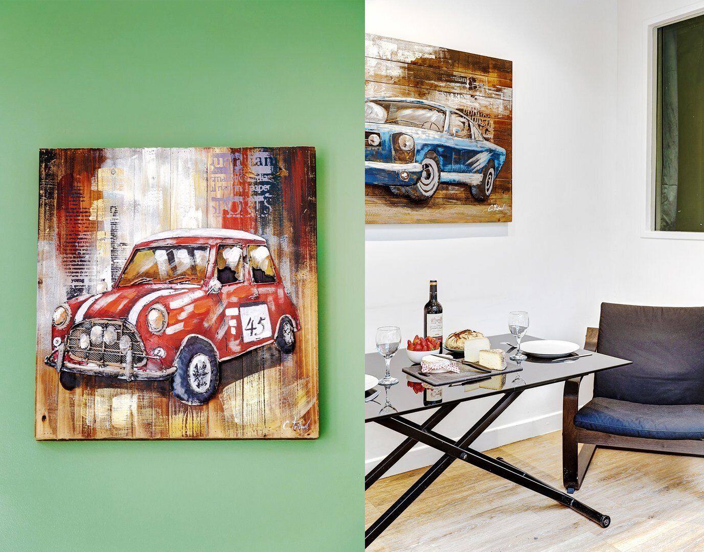 A dining area with a table set for two, a chair, and a painting of a red car on the wall.
